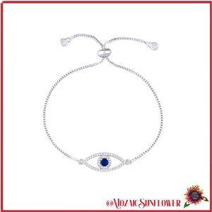 Silver Nazar Evil Eye Diamond Sapphire Blue Adjustable Slider Bracelet